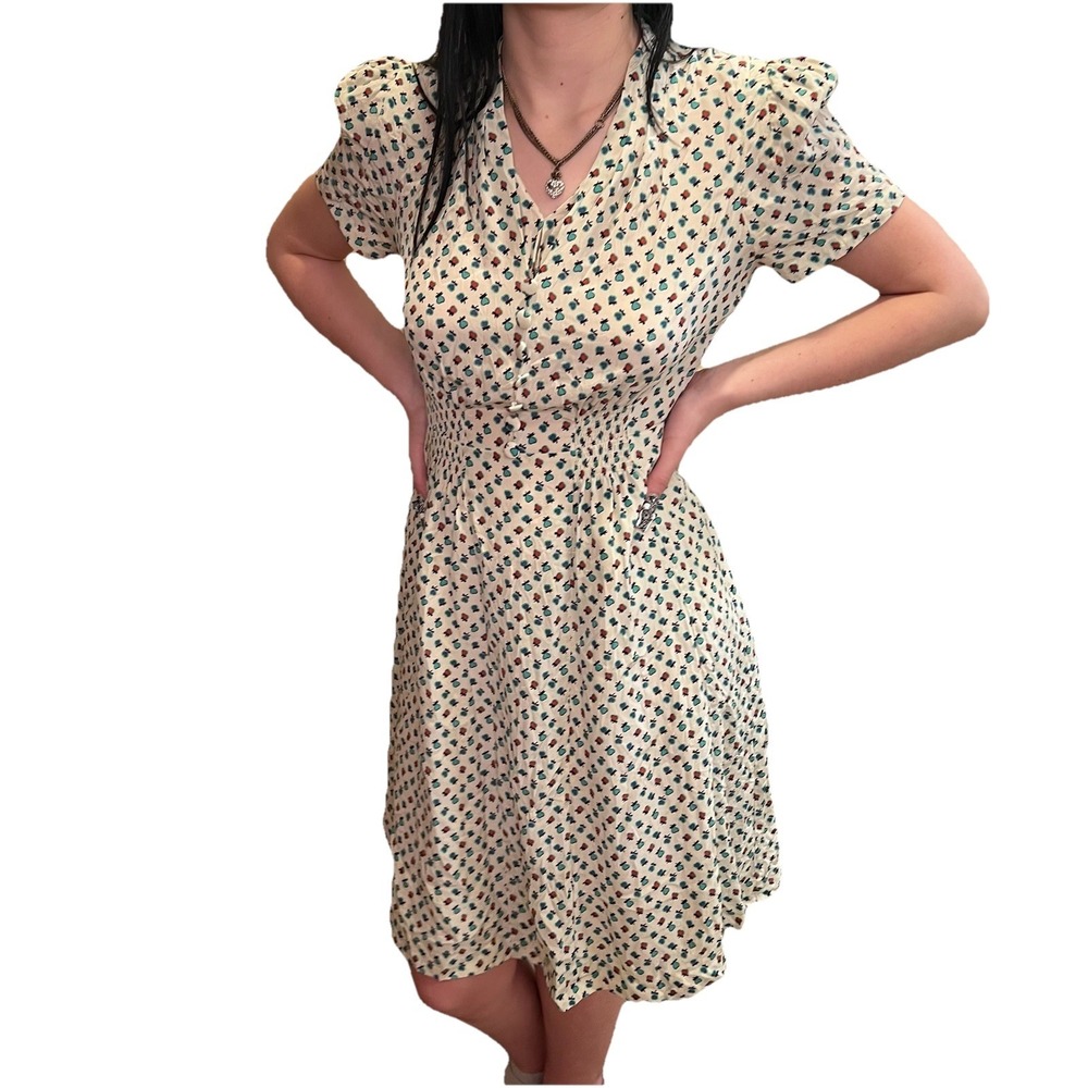 Vtg Y2K Betsey Johnson Silk Dress Ditsy Heart Novelty Puff Shoulder Prairie Sz 6
